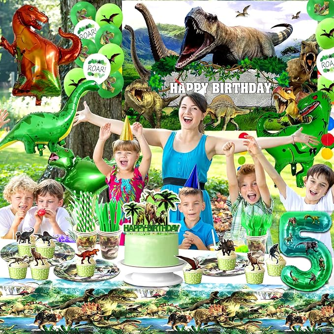 Dinosaur Birthday Decorations,Dino Theme Party Supplies&Decorations,Dinosaur 5th Birthday Party Supplies Include Banner, Backdrop, Tableware Set, Tablecloth, Cake Toppers, Balloons