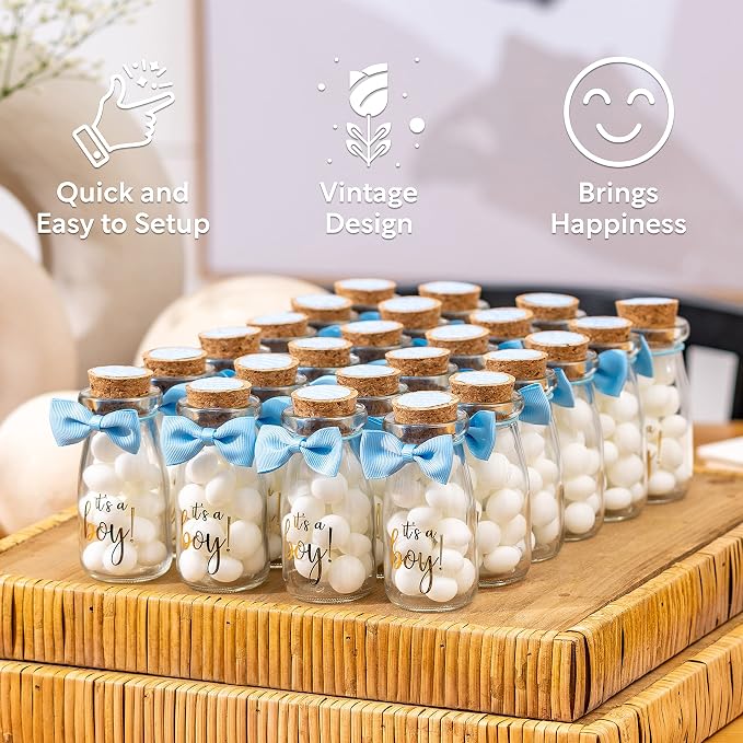 Ethisa Vintage 12 Pack It's a Boy Milk Glass Bottles with Ribbons and Stickers - Classy Baby Shower Favors for Guests and Table Centerpieces - Gender Reveal Boy Decorations - Baby Shower Candy Jar