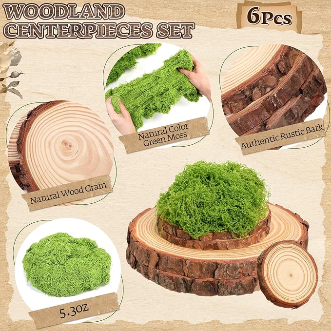 Nuanchu 7 Pack Wood Table Centerpieces with Rustic Wood Slices and Artificial Fake Green Moss for Wooden Fairy Wedding Woodland Table Decor Ideal DIY Crafts (2.4-2.8'',5.1-5.5'',7.9-9.1'')