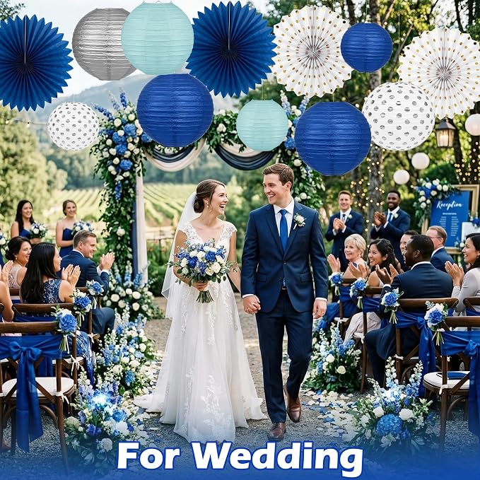 Navy Blue Party Decorations Set with Hanging Paper Lanterns Fans for Graduation Decorations 2026 50th 60th Birthday Wedding Anniversary Baby Shower Retirements