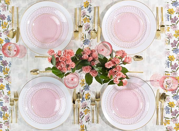 PLASTICPRO 30 Pack Hammered Plastic Plates Heavyweight Disposable Plastic Plates Elegant Clear Platsic Party Dishes (Hammered Pink With Gold Rim, 10'' INCH PLATES)