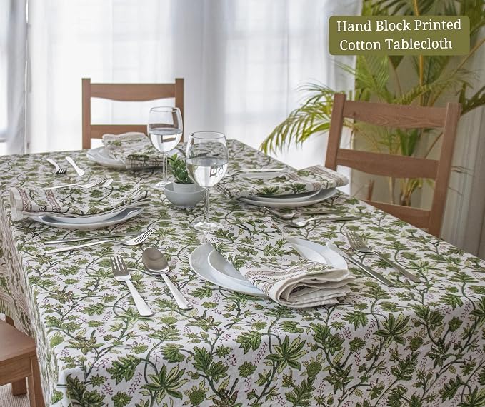 Light Green Block Print Table Cloth- 60x120 Inch Rectangle 100% Cotton Handmade Pre-Shrink, Washable for Spring, Kitchen & Dining Perfect for Chirstmas Patio, Indoor & Outdoor, Farmhouse