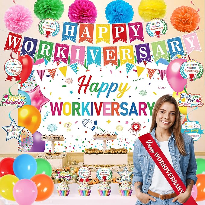 DARUNAXY Happy Workiversary Party Decorations for Men Women, Colorful Happy Work Anniversary Banner Cake Topper Hanging Swirl Confetti Balloons Decor Set for Employee Office Party Supplies(31PC)