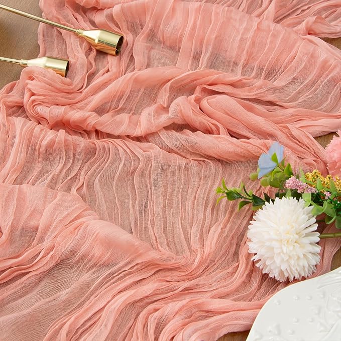 FEXIA Pink Cheesecloth Table Runner Spring Decor Easter Table Runner 35x120 Inches for Mother's Day Bridal Shower Tea Party Baby Shower Wedding Decor Table Centerpiece Decorations