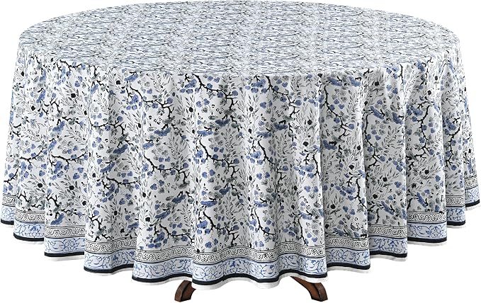 Ridhi Round Tablecloth Hand Block Print 100% Cotton Reusable Spruce Carolina Blue 60 Inch Table Cover Decorative Everyday Use for Dining, Home, Party, Wedding, Farmhouse Gift for Spring, Mother's Day