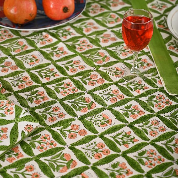 Hand Block Printed Tablecloth, Colorful Floral Print, Indian Artisan Handmade Art, Dining Room, Kitchen, Outdoor Décor, (Fresh Green Leaves, 10 Seater 72 x 118 Inches Rectangle)