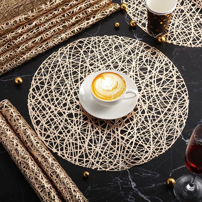 Sieral 12 Packs Gold Round Placemats 15 Inch Hollow Out Pressed Vinyl Place Mats Heat Resistant Woven Gold Placemats for Christmas Dinner Table Winter Holiday Party Wedding Centerpiece Decoration