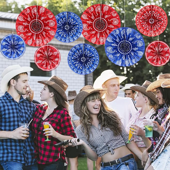 Outus 27 Pcs Western Party Decorations Paper Fans Wild West Bandana Hanging Paper Fans Ceiling Wall Garland for Western Cowboy Themed Party Decorations (Red/Blue)