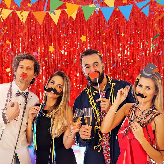 JOYIT 5 Pack Red Tinsel Backdrop - 3.28 ft x 6.56 ft Fringe Backdrop, Glitter Foil Fringe Curtains for Party Decorations, Birthday, Bachelorette, Graduation, Wedding (Red, 5 Pack)