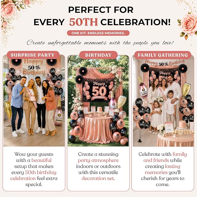 Premium 50th Birthday Decorations for Women - Rose Gold & Black 40 Pc Kit | 2026 Family Choice Award winner; Oxford-cloth backdrop (not paper), 30+ balloons, banner, tiara, sash & printable signs