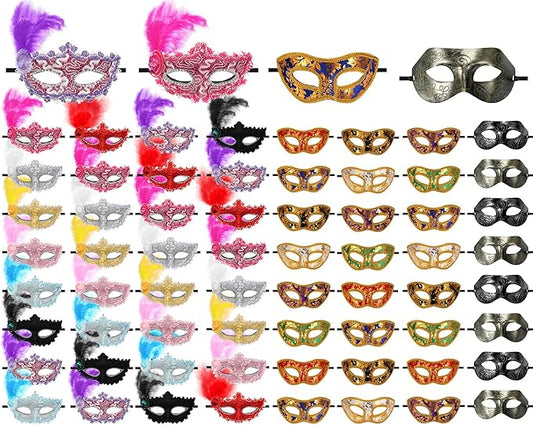 Sratte Mardi Gras Couple Masquerade Mask with Feather Flower Unisex Half Face Venetian Mask for Carnival Parade Valentine