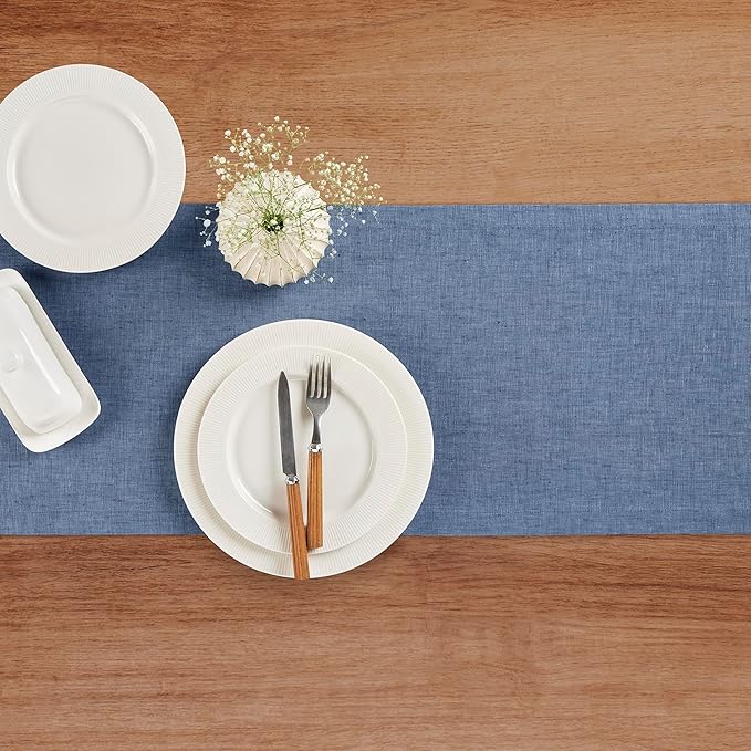 Solino Home Linen Table Runner 144 Inches Long - Athena, 100% Pure Linen Blue Denim Dining Table Runner 14 x 144 Inch for Spring, Summer