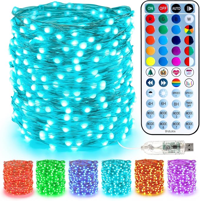 BrizLabs Fairy String Lights, 33ft 100 LED Red White Blue Fairy Lights with Remote Timer, USB July 4th Starry Light Music Sync RGB Color Changing Twinkle Light for Xmas Halloween Easter Party Wedding