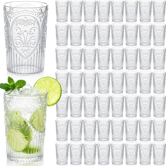 Plastic Vintage Drinking Glasses - 16 oz Stemless Ribbed Highball Glasses Bulk Embossed Reusable Cups for Water Beer Cocktails Juice Wedding Bridal Shower Birthday Event Party(Clear,100 Pcs)