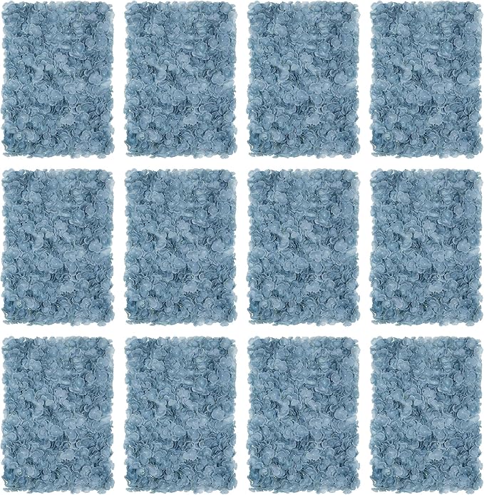 BLOSMON Flower Wall Panel Backdrop - 12 Pcs 24 x 16 Inch Dusty Blue Artificial Hydrangea Floral Backdrop for Wedding Party Baby Bridal Shower Decor, Hanging Fake Silk Hydrangea Wall DIY Decoration