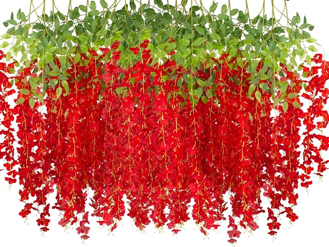 AITISOR 24 Pack Artificial Fake Wisteria Vine Ratta (3.75 Feet) Hanging Garland Silk Flowers String Home Party Wedding Decor (Red)