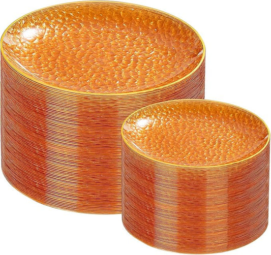 Rubtlamp 100Pcs Orange Plastic Plates, Orange Disposable Plates With Gold Rim, Hammered Plastic Plates Include 50 Dessert Platos, 50 Dinner Platos for Party