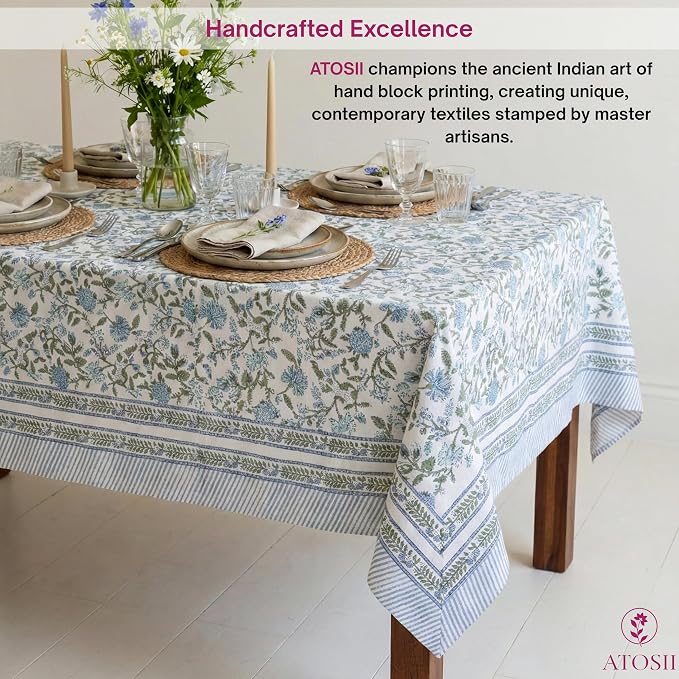 ATOSII Mahoka Blue 100% Cotton Square Fall Tablecloth, Handblock Floral Linen Table Cloth for Kitchen Dining Table I Parties Weddings Outdoors Easter Valentine's Gift I 60 X 60 Inches I 4 Seater