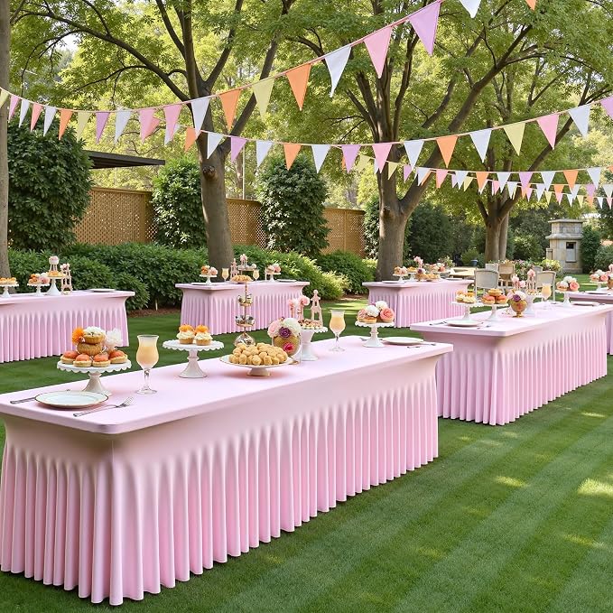 NSSONBEN 4 pk Baby Pink Spandex Tablecloth 6ft with Ruffle Table Skirt, Wrinkle Free Stretchy Fitted Tablecloths for 6 Foot Rectangle Tables, Elastic Spandex Table Covers for Weddings Parties Banquet