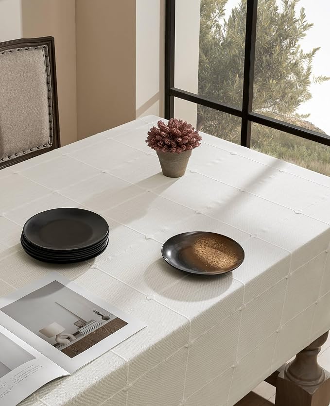 ZeeMart Grid Embroidered Hemmed Tablecloths, Off White 60x60 Inch, Farmhouse Style Heavy Weight Cotton Linen White Tablecloths, Boho Plaid Water Resistant Square Table Cloth