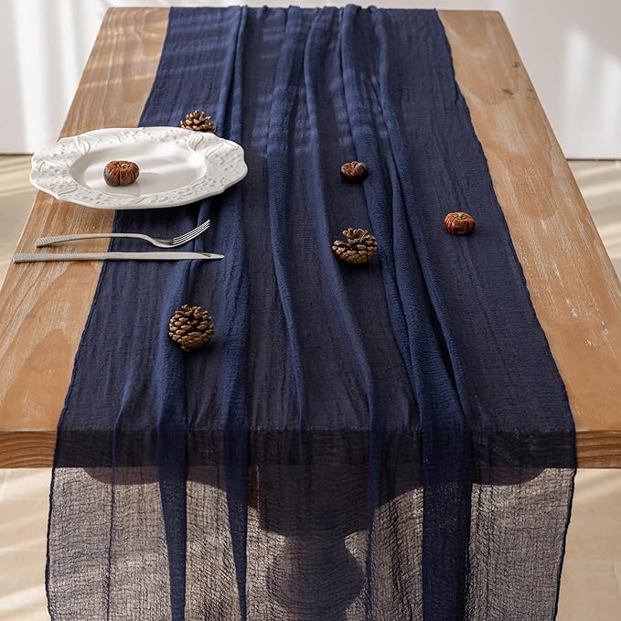 Keketoarrange 3pcs Navy Gauze Rustic Cheesecloth Table Runner 120 Inch 10 FT for Wedding Baby Shower Bridal Shower Birthday Engagement Garden Outdoor Party Long Sheer Boho Decorations
