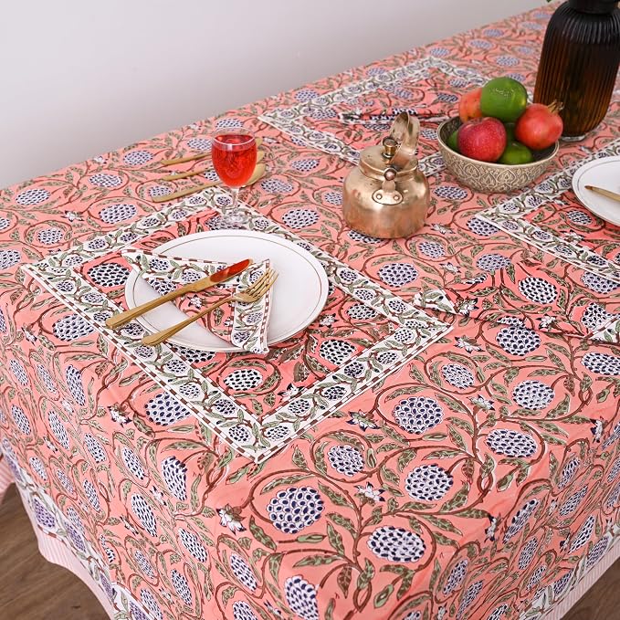 Hand Block Printed Tablecloth, Dark Salmon Pink,10 Seater 72 x 118 Inches Rectangle Shape, Colorful Floral Print, Indian Artisan Handmade Art, Dining Room, Kitchen, Outdoor Décor