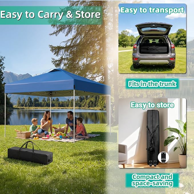 10 x 10FT Blue Pop Up Canopy Tent, Easy Setup Outdoor Portable Gazebos Shelter Sun Shade with Wheeled Carry Bag, Sandbags for Events, Party, BBQ, Backyard, Adjustable Height