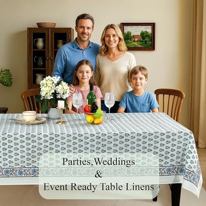 CPC Tablecloth 100% Cotton 72x140 Inch Indian Block Print Rectangle Table Cover, Washable Table Cloth for Weddings, Spring/Summer, Barbeque - Poppy Blue