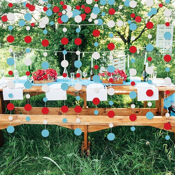 Outus 10 Pieces Colorful Circle Garland Banner Hanging Paper Dot Decorations for Classroom, Birthday Party, Baby Shower, Wedding Backdrop & Photo Booth Graduation Decor (Light Blue,White,Red)