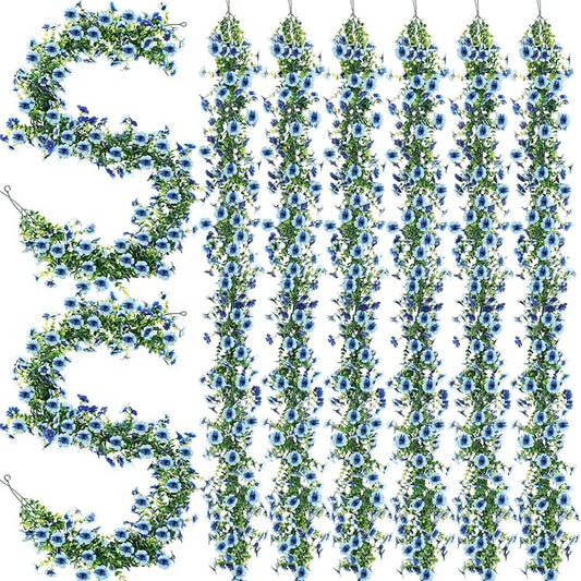 8 Pcs 6 ft Artificial Flowers Wisteria Garland - Total 48 ft Fake Hanging Wisteria Flowers Green Vines Garlands, Faux Flower Daisy with Eucalyptus Leaves for Garden Decor (Blue)