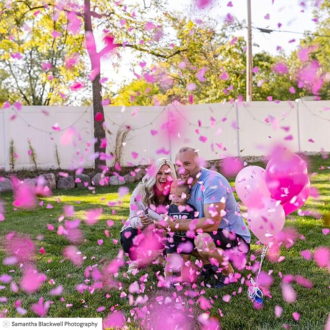 PrimePure Gender Reveal Confetti Cannon - Biodegradable Heart Shaped Confetti Poppers - Pink, 4 Pack - Baby Girl Gender Reveal Party Poppers - Pink Paper Baby Party Supplies Pop Gun