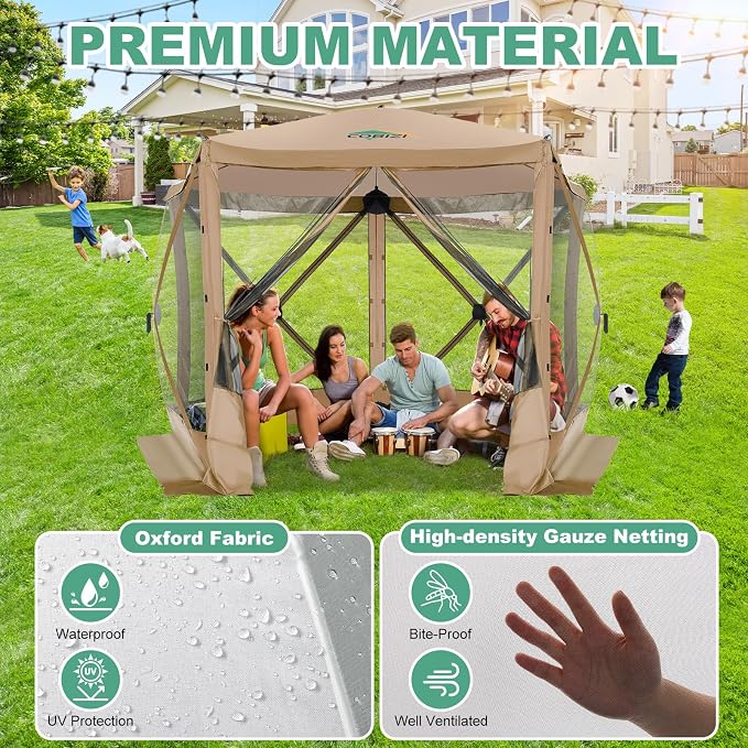 COBIZI 10x10 FT Pop up Gazebo, Popup Canopy Tent,Instant Screened in Gazebos, Waterproof Portable Outdoor Small Screen Tents Sun Shelter,carpas para Patio for Camping, Garden and Backyard,Khaki
