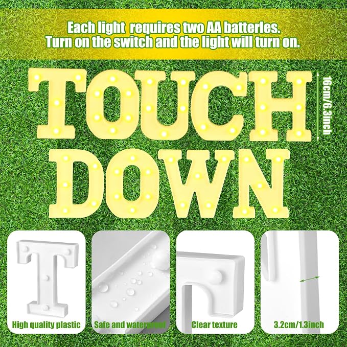 Honoson 9 Pcs Football Party Decorations 'touchdown! ' LED Lights Sign Rugby Theme Sports Neon Sign Lights Table Decoration for Football Birthday Gameday Tailgate Party Decorations