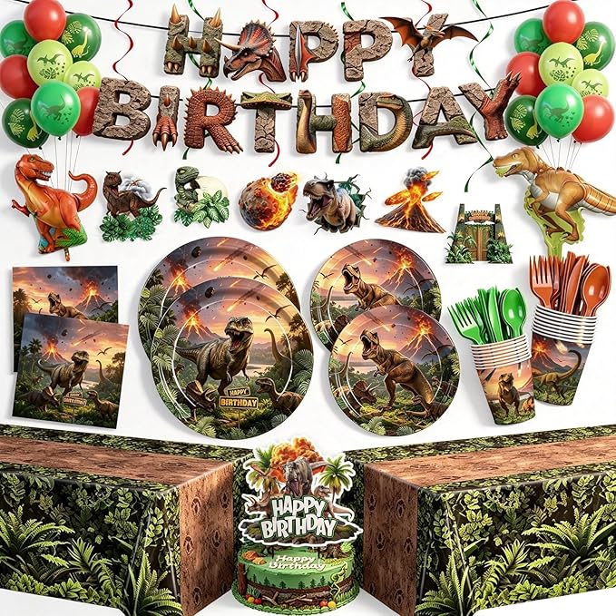 208pcs Dinosaur Plates Napkins Party Supplies Dino Disposable Tableware Set Include Plates Napkins Cups Cutlery Balloon Cake Topper Banner Hanging Swirl Tablecloths for Dino Party Decorations Serve 24
