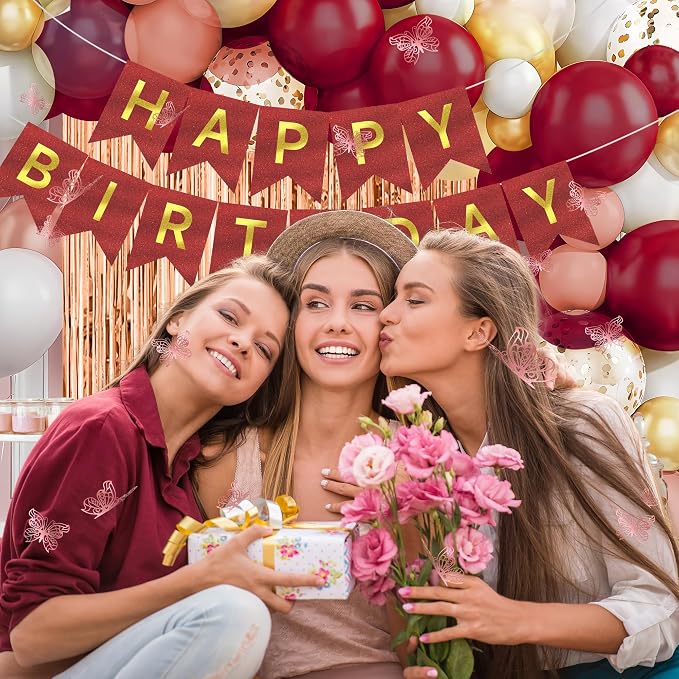 Burgundy Happy Birthday Decorations for Women,296pcs Burgundy Balloons Birthday Decorations for Girl Kit Disposable Dinnerware Set with 25 Guest, Balloons, Banner, Fringe Curtain,Butterfly Decorations