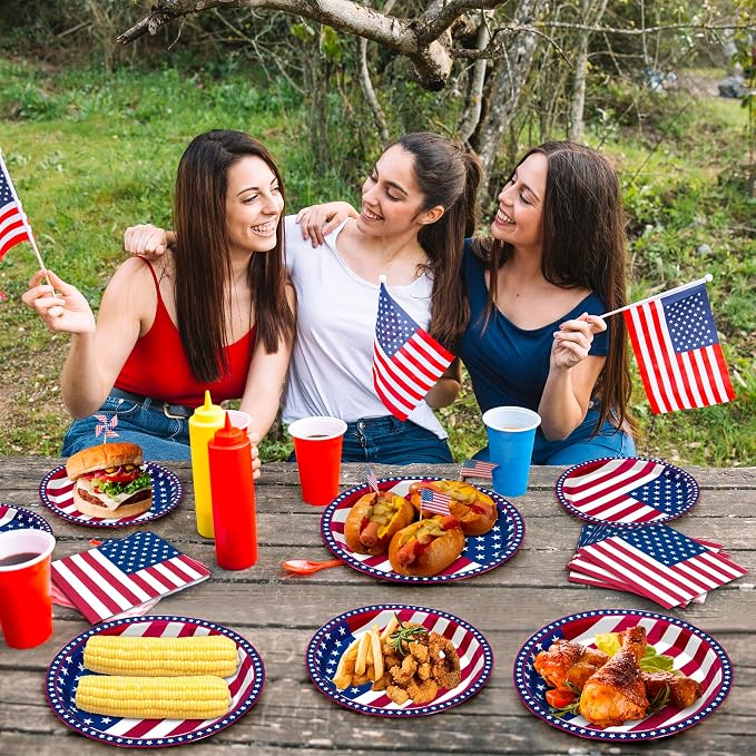QZYL 150 Pcs 4th of July Party Supplies, Serve 50 Patriotic American Flag Party Tableware Set Paper Plates and Napkins, Fourth of July Decorations for Independence Day Patriotic BBQs Picnic Events