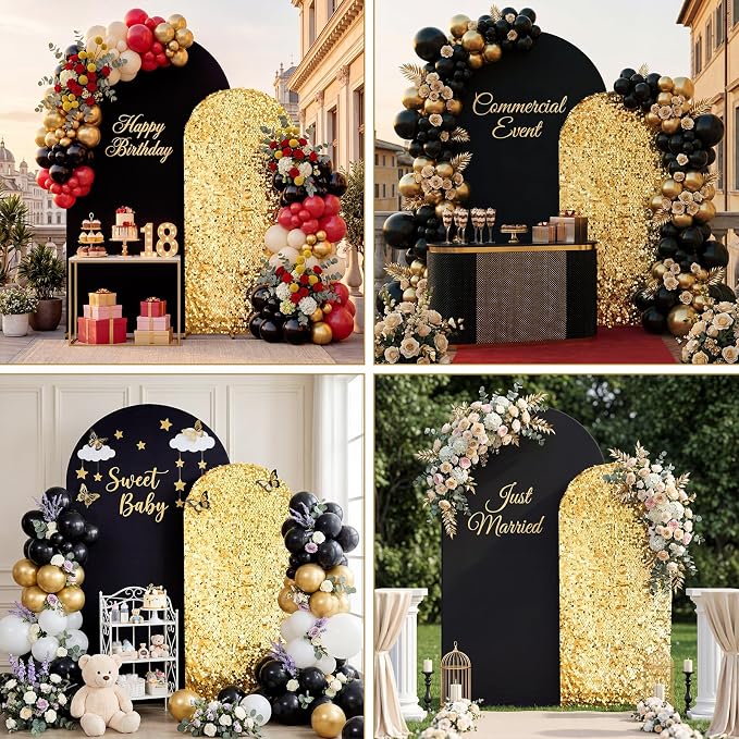 Black and Gold Arch Covers 7.2 and 6FT Sequin Arch Backdrop Cover Set of 2, Spandex Fitted Bling Sequin Arch Stand Covers for Birthday Party Ceremony Baby Shower Banquet Decoration