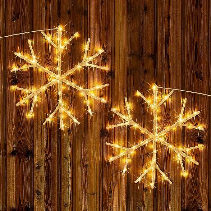 Fudios Snowflake Lights Warm White Battery Operated with Timer 70 LED 14in for Christmas Wall Window Decoration 2sets