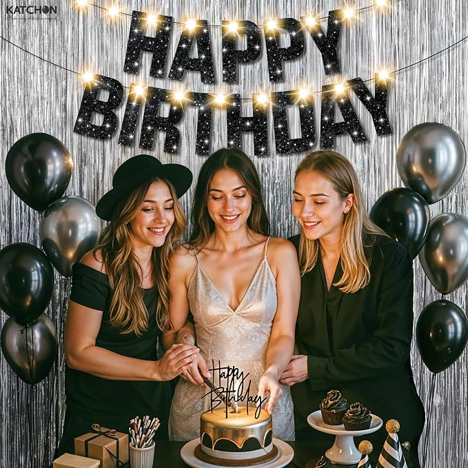 KatchOn, Black and Silver Happy Birthday Banner, Pack of 5 | Silver Fringe Backdrop, LED Lights & Cake Topper | Birthday Decorations, Party Decor for Men, Women, Girls & Boys