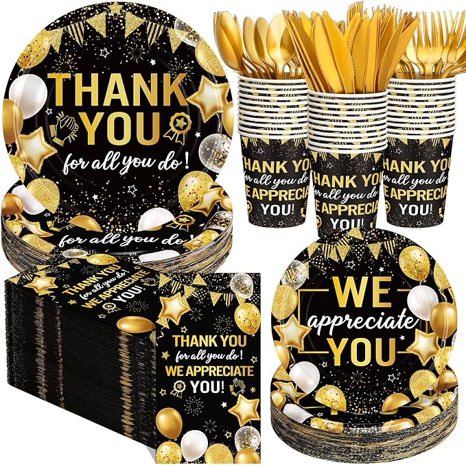 Funnymoom 400 Pcs We Appreciate You Party Supplies for 50 Guests Christmas Thank You Paper Plates Napkin Cup Fork for Teacher Employee Staff Xmas Doctor Appreciation Back to School Graduation