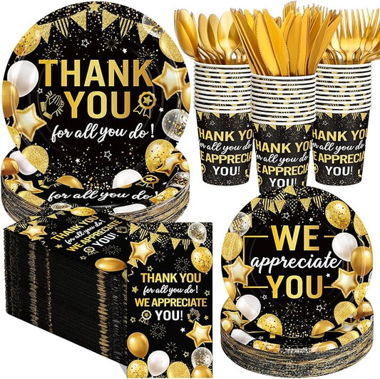 Funnymoom 400 Pcs We Appreciate You Party Supplies for 50 Guests Christmas Thank You Paper Plates Napkin Cup Fork for Teacher Employee Staff Xmas Doctor Appreciation Back to School Graduation