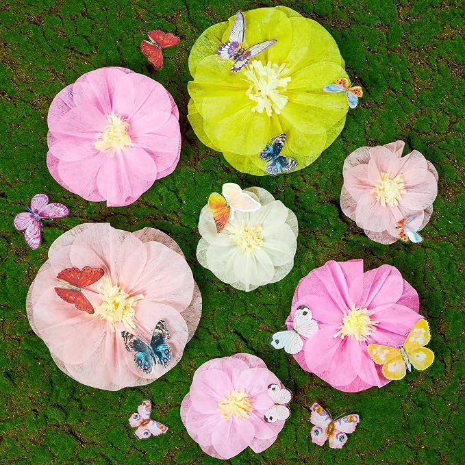 Large Paper Flower Decorations with 3D Butterfly Stickers Pink Yellow Giant Tissue Paper Flowers Pastel Flowers Butterfly Party Decoration for Spring Garden Girls Women Birthday Wedding Party
