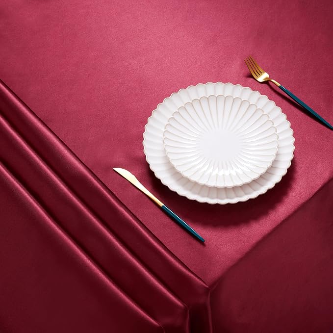 1 Pack Satin Table Cover Rectangle Silkly Soft Table Cloth, Satin Dining Table Cloths for Wedding Banquet Table Decoration, Dining Room, Indoor and Outdoor Use, 60 x 120 Inches, Burgundy
