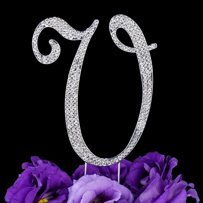 LOVENJOY Gift-Boxed 3.7" Rhinestone Monogram Letter V Cake Topper