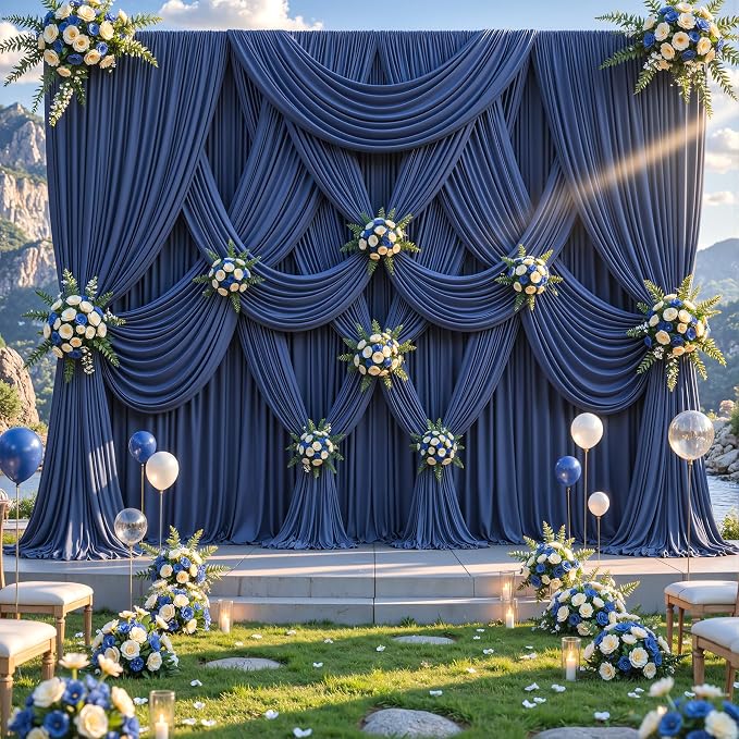 40ftx12ft Wrinkle Free Navy Blue Backdrop Curtain, 8 Panels 12FT Long Wedding Photo Backdrop Drapes, Silky Polyester Back Drop Cloth for Birthday Photography Background Party Backdrop Draping