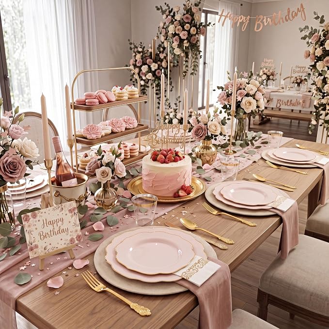 NOCCUR 175PCS Pink Plates with Gold Disposable Silverware - Include 50 Pink Plastic Plates,25 Knives,25 Forks,25 Spoons,25 Cups and 25 Napkins - Ideal for Party/Wedding/Banquet/Baby Shower