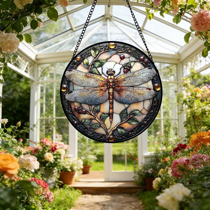 DASTOLL Stained Glass Window Hanging - Dragonfly Plant Suncatcher Ready to Hang Window Doors Home Decoration, Christmas, Mother's Day Birthday Gifts for Women, Men, and Mom 7.8x7.8 in
