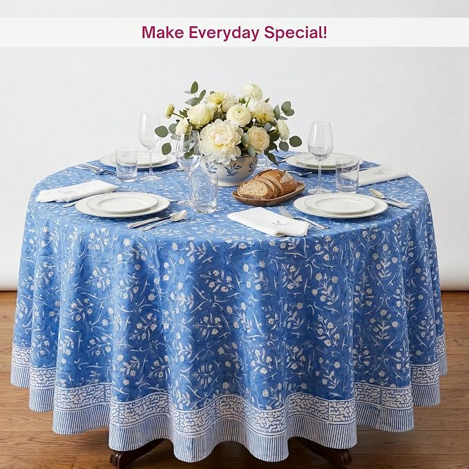 ATOSII Maya Blue 100% Cotton Round Boho Fall Tablecloth, Handblock Floral Table Cloth Linen for Kitchen Dining I Parties Weddings Outdoors Picnics Easter Mothers Day I 60" Inches Round I 4 Seater