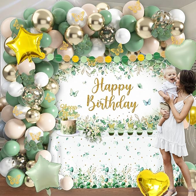 Sage Green Birthday Party Decoration Supplies for Boys Girls - Happy Birthday Backdrop, Tablecloth, Balloon Arch, Butterfly Stickers - Women Adult Decor, Neutral Baby Shower