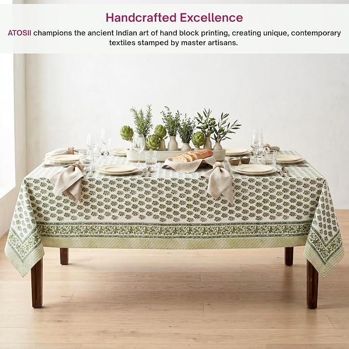 ATOSII Ivy Green 100% Cotton Square Boho Spring Summer Tablecloth, Handblock Floral Table Cloth Linen for Kitchen Dining I Parties Wedding Outdoors Picnic Easter Decor 60 X 60 Inches I 4 Seater